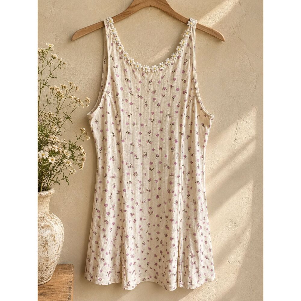 Free People Size *L* Floral Daisy Trim Mini Dress Cream Purple Cottagecore NWOT